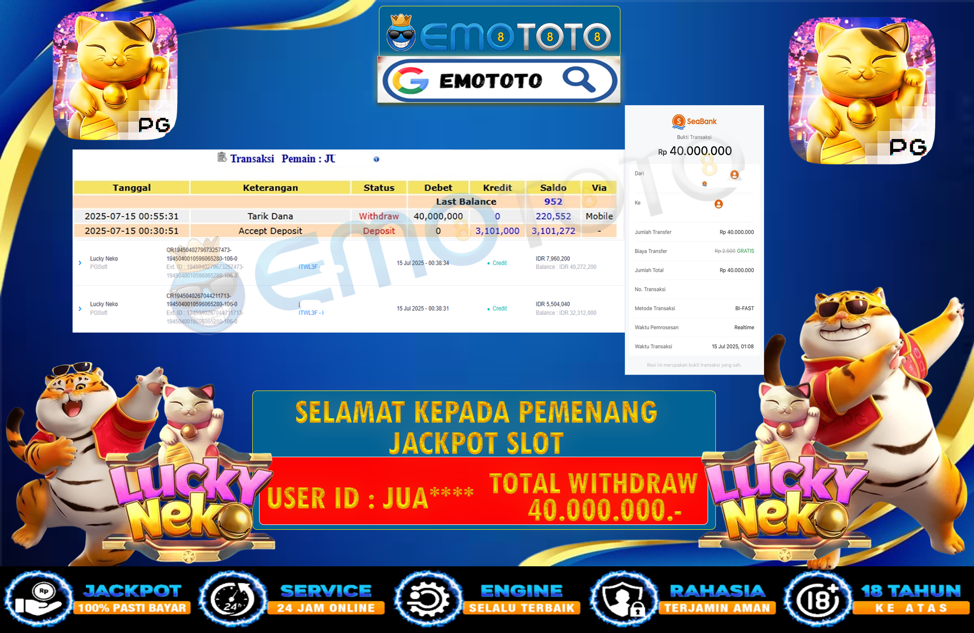EMOTOTO : BUKTI JACKPOT MEMBER PERMAINAN SLOT PG SOFT (LUCKY NEKO) RP 40.000.000 DI BAYAR LUNAS LANGSUNG KE REKENING MEMBER